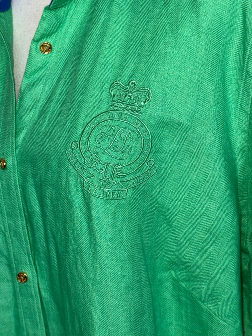 Lauren Ralph Lauren Linen Green Button Up Shirt Blue Contrast Trim Logo Crest 1X - Picture 4 of 12
